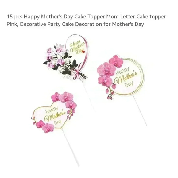 Pack of 15 Cake Topper, Mother's Day, Pink - Picture 1 of 5